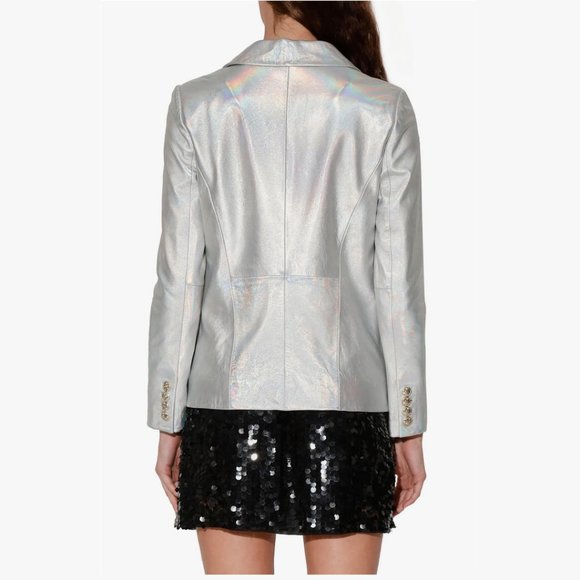 NEW Walter Baker Size S, Marley Double Breasted Metallic Leather Blazer Hologram - Picture 4 of 4